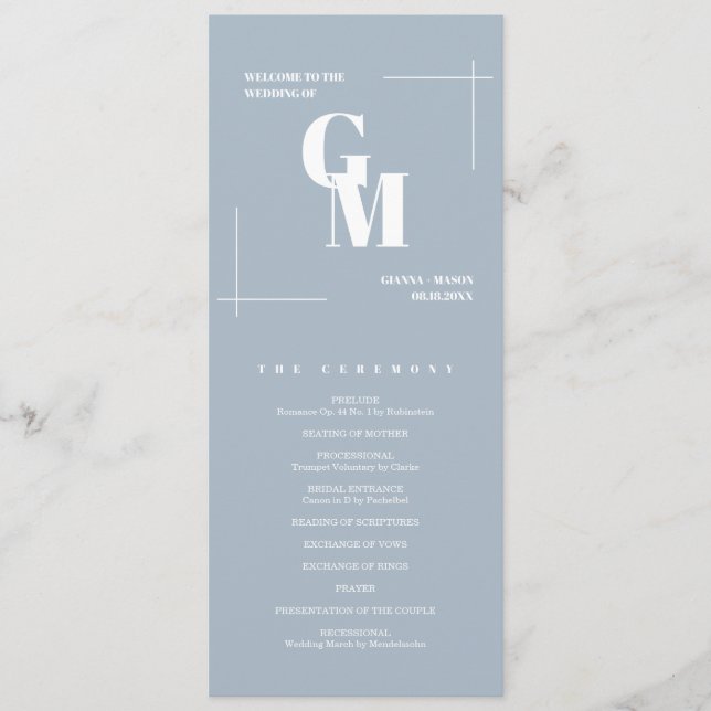Programme Moderne Chic Dusty Blue Monogramme QR Code Mariage (Devant)