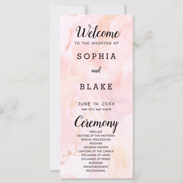 Programme moderne de mariage en marbre rose et or (Devant)