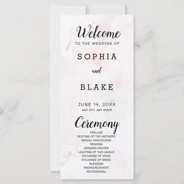 Programme moderne de mariage rose pâle et marbre b (Devant)