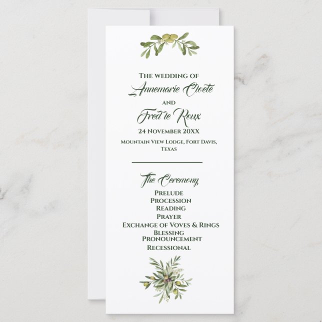 Programme moderne de mariage vert d'olive (Devant)