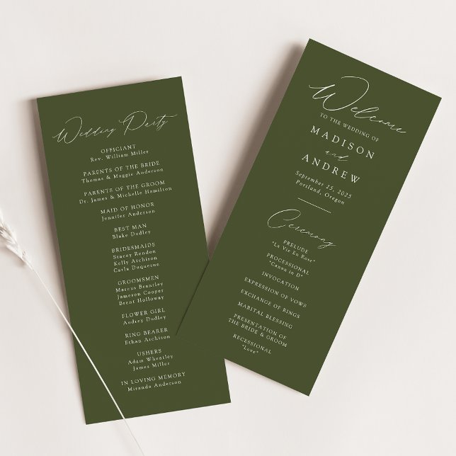 Programme moderne de mariage vert olive élégant (Créateur téléchargé)