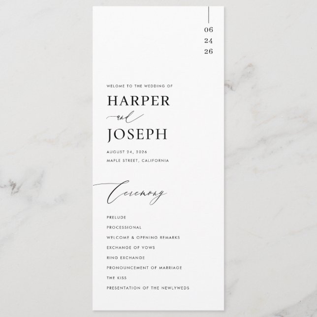 Programme Moderne minimaliste noir et blanc Mariage unique (Devant)