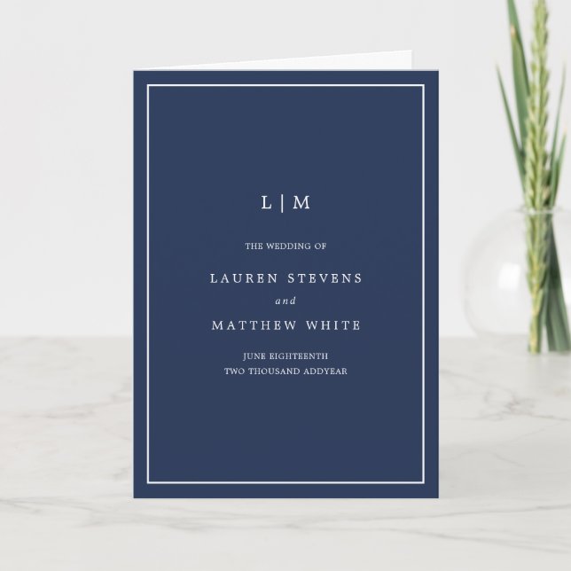 Programme Monogramme Bleu Marine Simple Élégant pour Mariage (Devant)