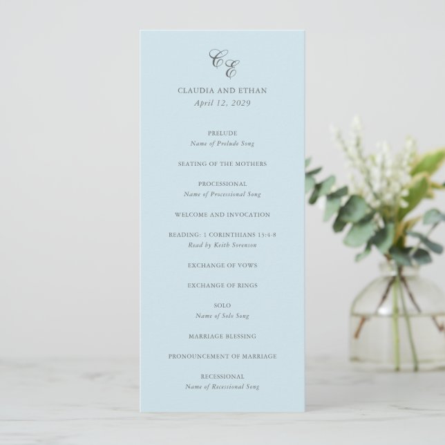 Programme Monogramme bleu Poudre classique Mariage élégant (Debout devant)