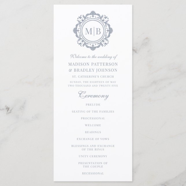 Programme Monogramme Floral Orné Mariage Élégant Argent (Devant)