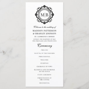 Programme Monogramme Floral Orné Mariage Élégant noir blanc