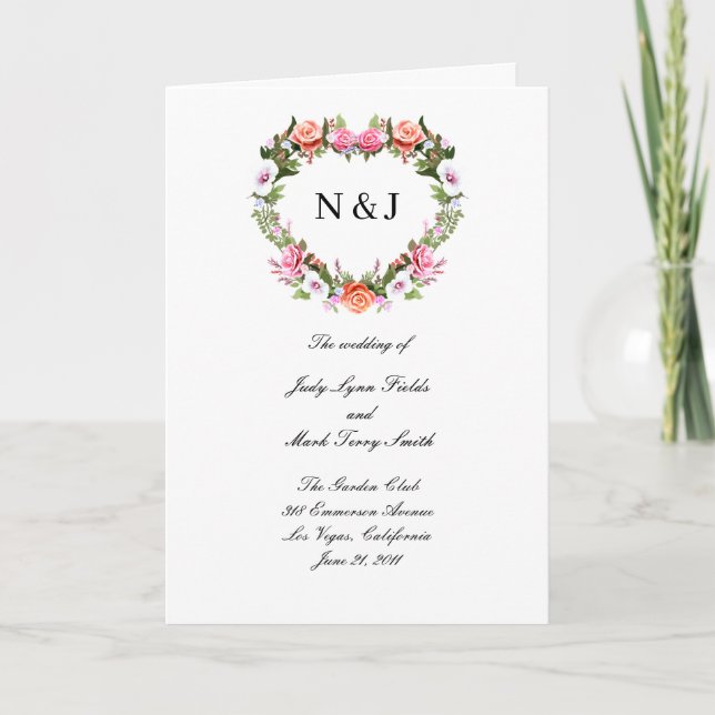 Programme Monogramme Romantique Roses Floral Mariage de coeu (Devant)