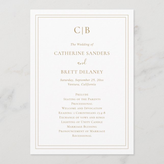Programme Monogramme Simple Traditionnel Élégant Mariage Or (Devant)