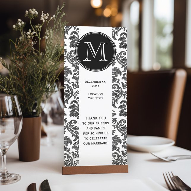 Programme Motif damassé de tableau noir et blanc à la craie (Wedding Program Table Card)