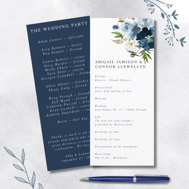 Programme Navy & Bleu Poussiéreux Élégant Floral Aquarelle (Créateur téléchargé)