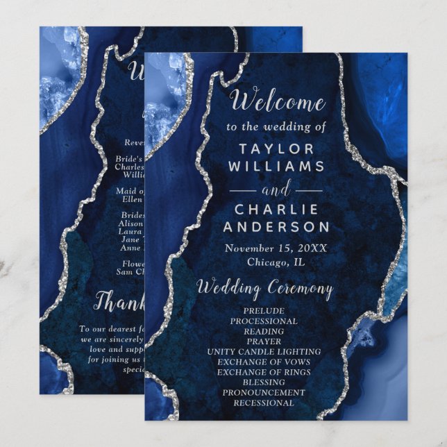 Programme Navy Blue and Silver Agate Wedding Program (Devant / Derrière)