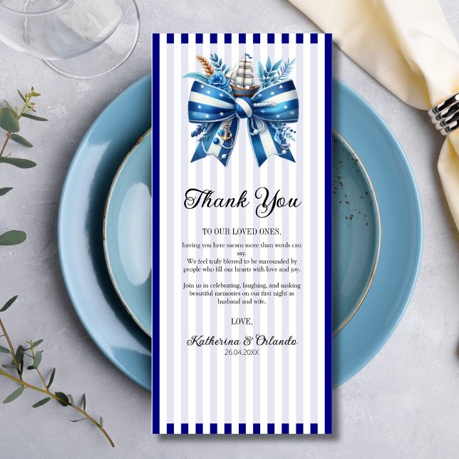 Programme Navy Blue Bow Wedding Place Setting Thank You Card (Créateur téléchargé)