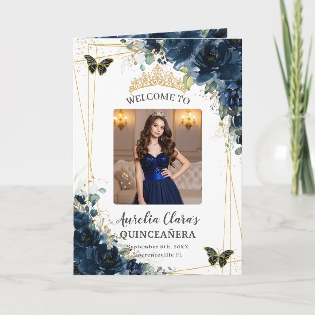 Programme Navy Blue Floral Quinceañera Order of Events Photo (Devant)