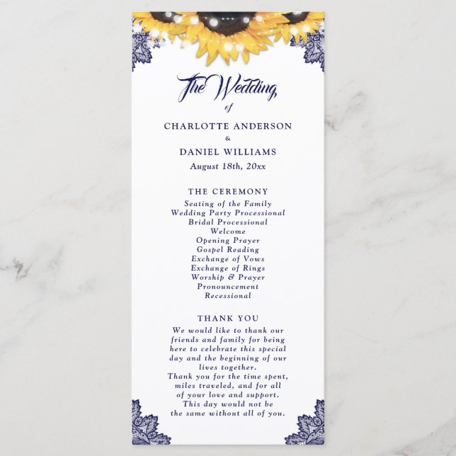 Programme Navy Blue Sunflower Floral Lace Wedding Program (Devant)