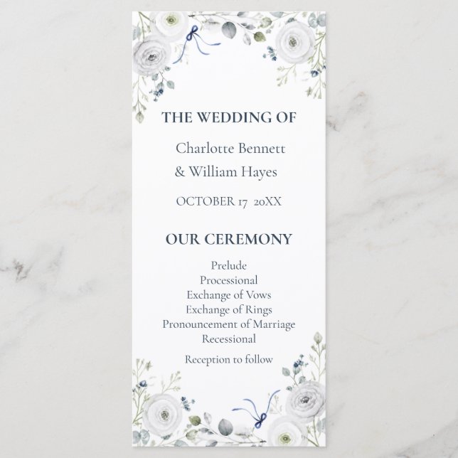 Programme Navy Silver Watercolor Floral Wedding Program (Devant)