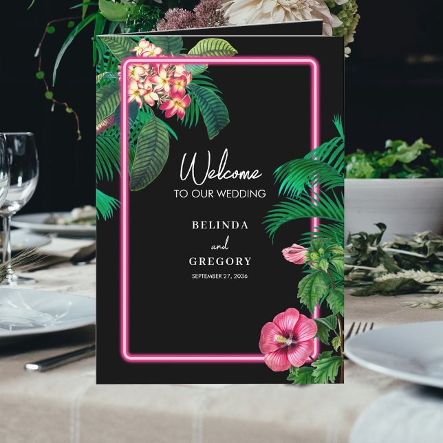 Programme Neon Pink Tropical Retro Mariage Ordre de service (Neon Pink Tropical Retro Wedding Order of Service Program)