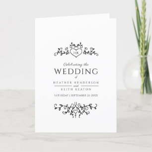 Programme Noir blanc coeur et feuille monogramme art mariage
