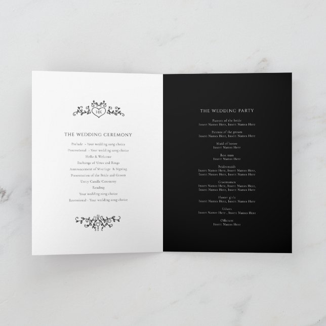 Programme Noir blanc coeur et feuille monogramme art mariage (Intérieur)