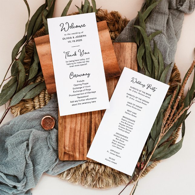 Programme Noir et blanc doux et capricieux | MARIAGE (An elegant, black and white wedding program with whimsical script)