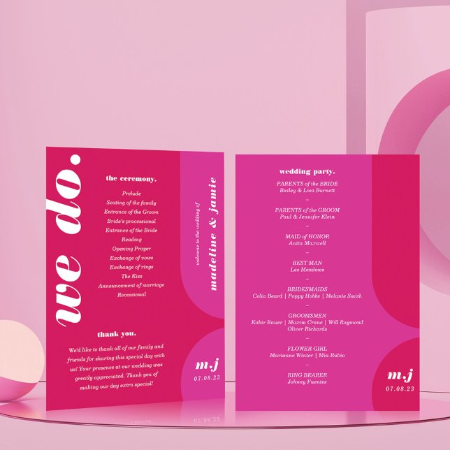 Programme Nous faisons Pink Retro Style Mariage Ordre de ser (We Do Pink Retro Style Wedding Order of Service Program)