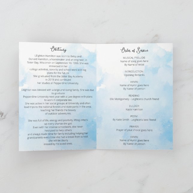 Programme Nuages Funérailles nécrologie Ordre de service (Intérieur)