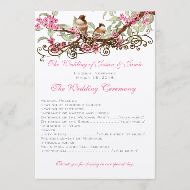 Programme Oiseaux de l'amour vintage Fleurs roses Mariage  (Devant)