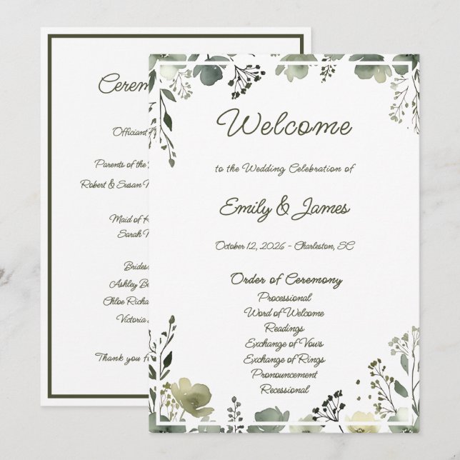 Programme Olive Floral Wedding (Devant / Derrière)
