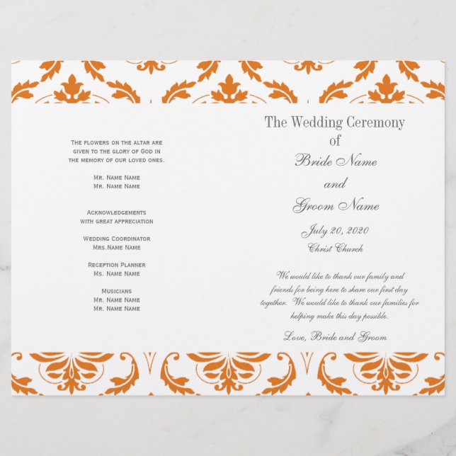 Programme Orange Grey Vintage Mariage damassé (Devant)