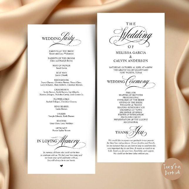 Programme Ordre de cérémonie de mariage élégant et classe (Elegant Classy Wedding Ceremony Order Program Card in Black and White)