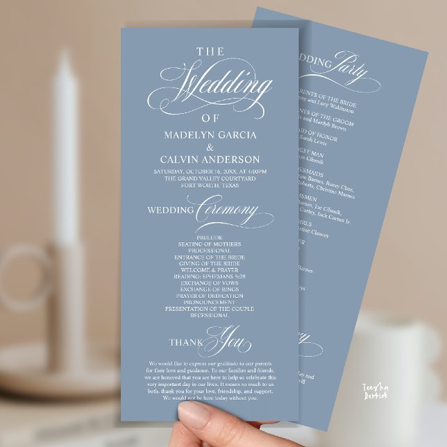 Programme Ordre de cérémonie de mariage élégant et classe bl (Elegant Classy Gold Script Wedding Ceremony Order Program Card in Dusty Blue)