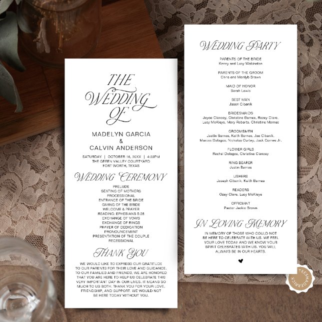 Programme Ordre de cérémonie de mariage moderne et classe (Modern Classy Wedding Ceremony Order Program in Black and White)