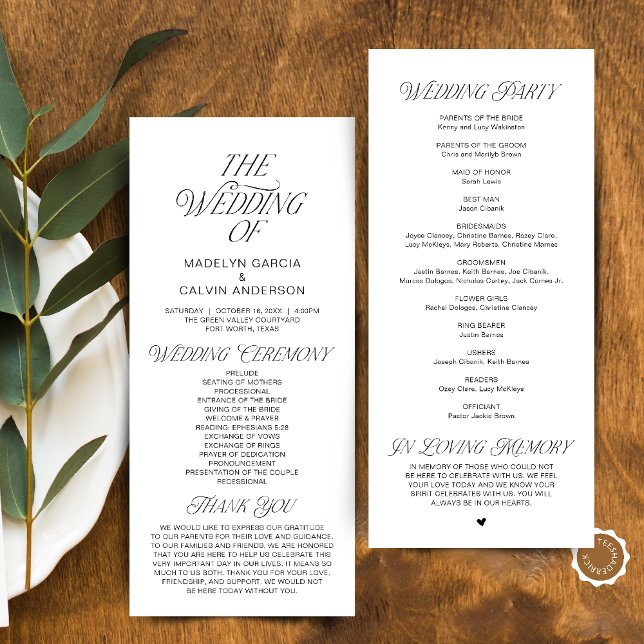 Programme Ordre de cérémonie de mariage moderne et classe (Modern Classy Wedding Ceremony Order Program in Black and White)