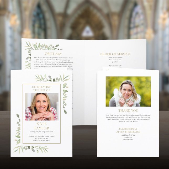 Programme Ordre de service de mémorial de funérailles Photo  (Funeral Memorial Order Of Service Photo Greenery Program)