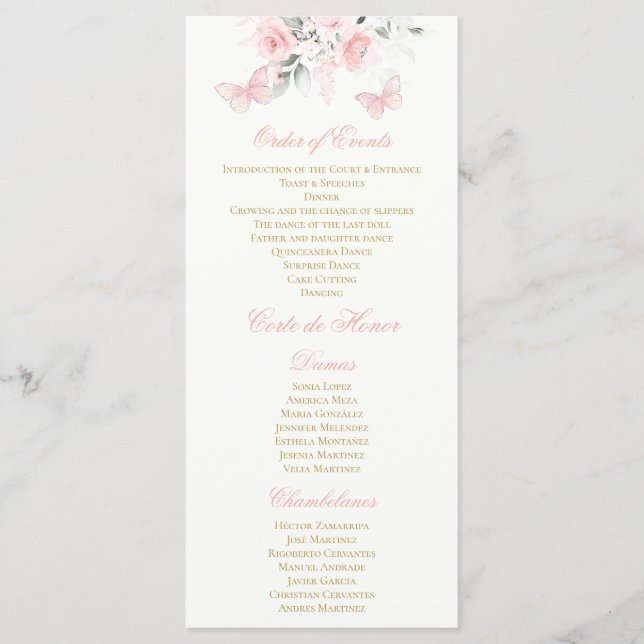 Programme Papillon rose Quinceañera (Devant)