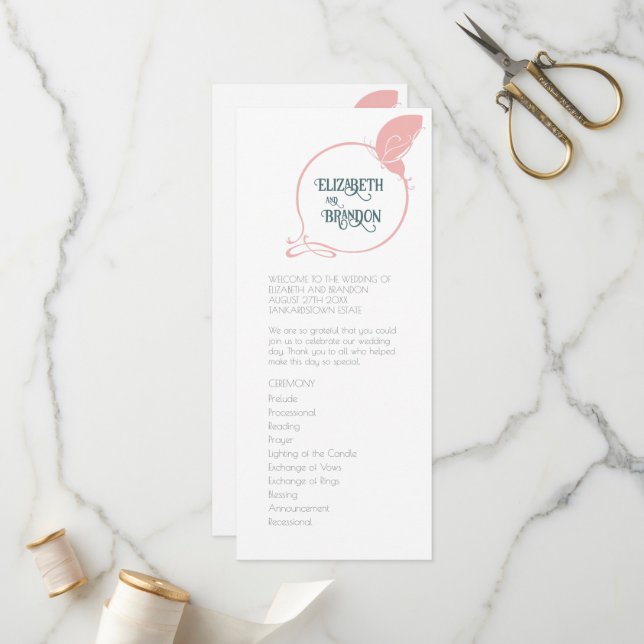 Programme Papillon Vintage Art nouveau Dusty Pink Mariage (Devant/Arrière en situation)