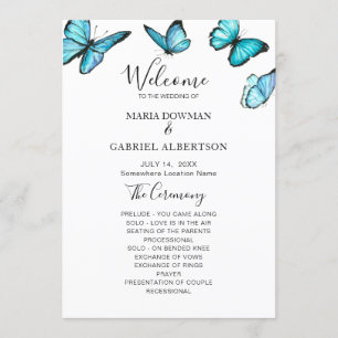 Programme Papillons à l'aquarelle bleu tendance. Mariage nat