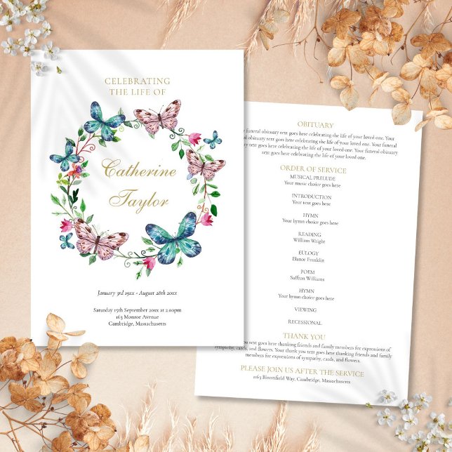 Programme Papillons Funérailles Mémorial Ordre de service (Butterflies Memorial Funeral Order Of Service Program)