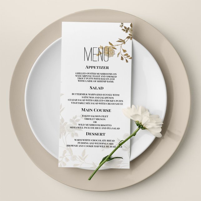 Programme Parties scintillant d'or blanc simple et chic Mari (Simple chic white gold glitter floral Wedding Menu)