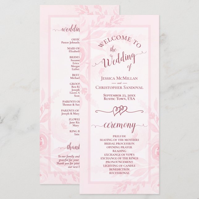 Programme Pastel Pink Watercolor Peonies Elegant Wedding (Devant / Derrière)