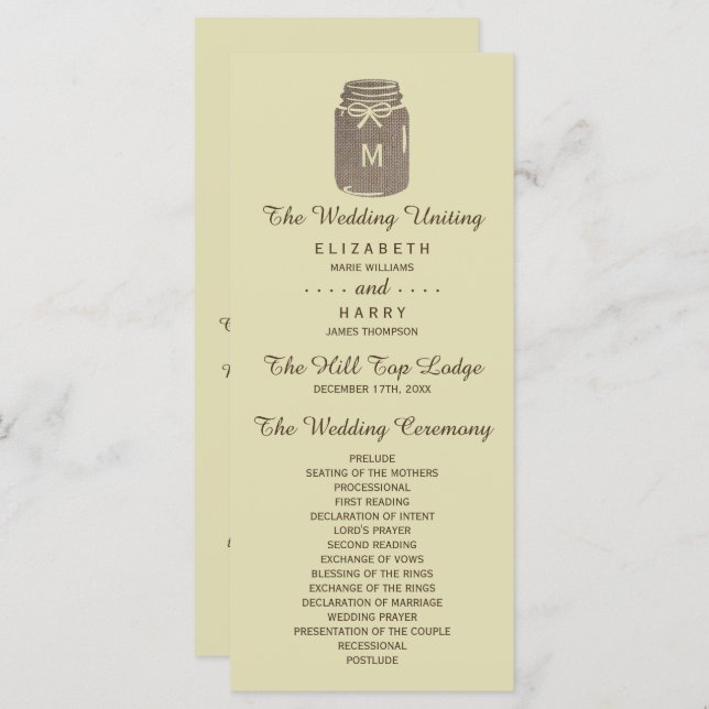 Programme Pays Burlap Mason Jar Mariage (Devant / Derrière)