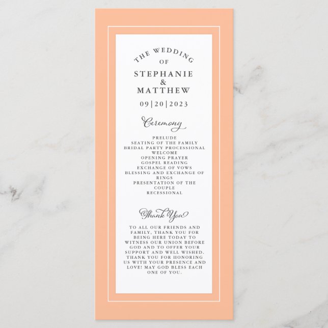 Programme Peach and White Mariage Service Ceremony Elegant (Devant)