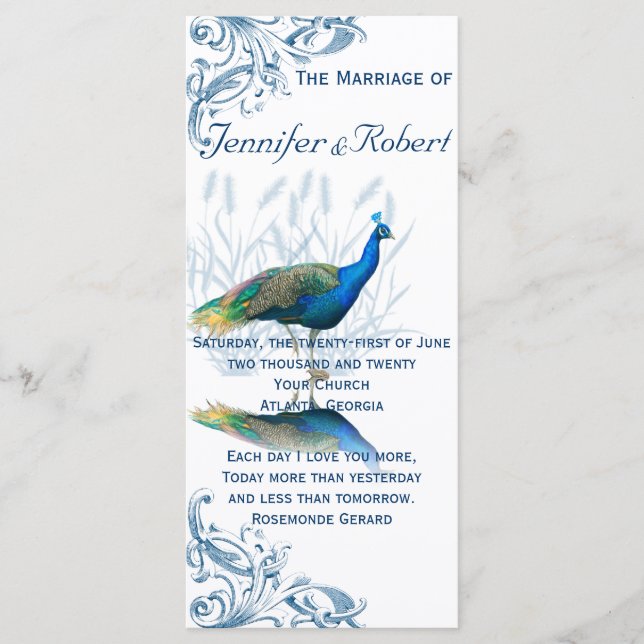 Programme Peacock Garden in Blue and White Wedding Program (Devant)