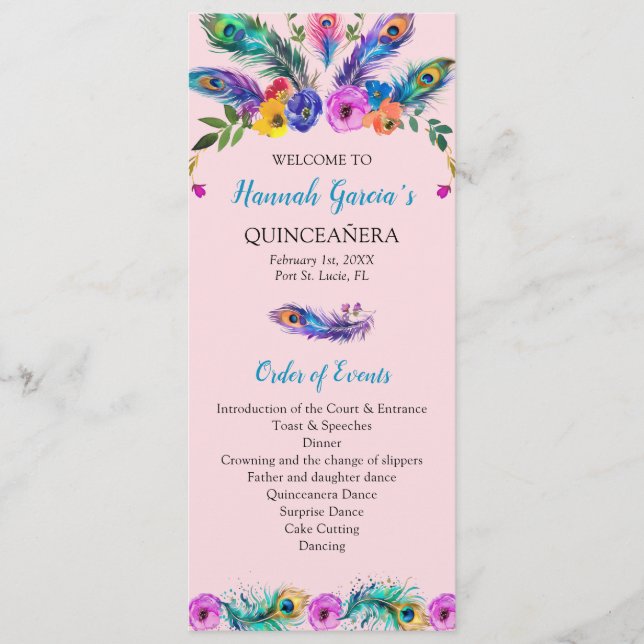 Programme Peacock Quinceañera Ordre des événements-Cour d'ho (Devant)
