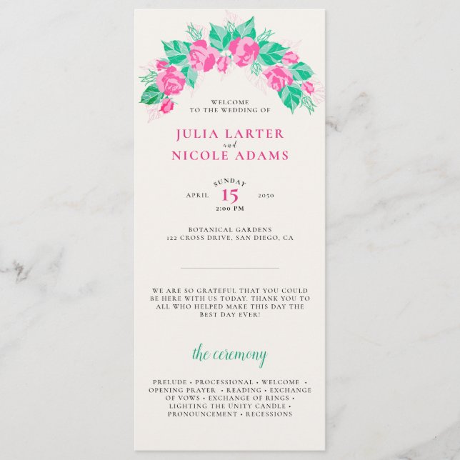 Programme Pétales de rose vert rose Fleurs Jardin Mariage (Devant)