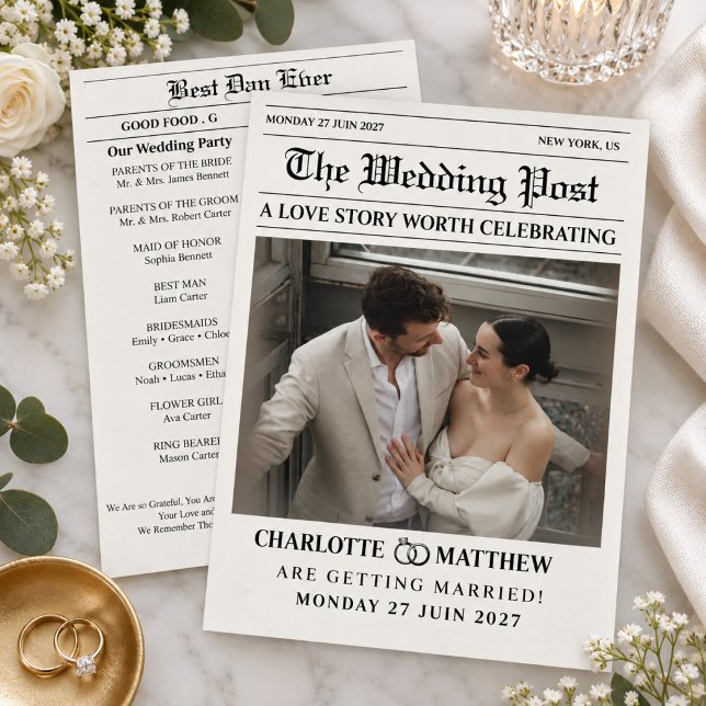 Programme Photo de journal moderne noir blanc Mariage (newspaper wedding programs unique timeline modern elegant black and white minimalist unique)