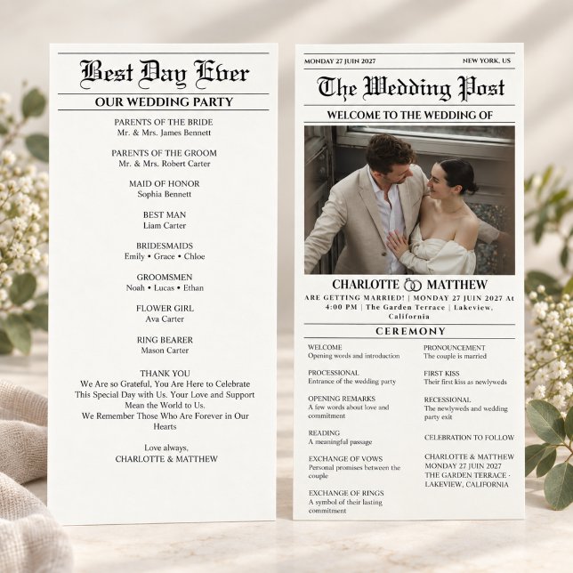 Programme Photo de mariage noir blanc de journal moderne (wedding programs black and white elegant ceremony calligraphy script minimalist formal classy clean )