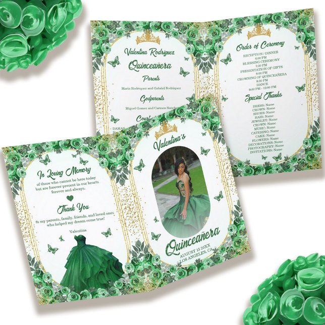 Programme Photo Green Gold Parties scintillant Floral Quince (Photo Green Gold Glitter Floral Quinceanera Program)