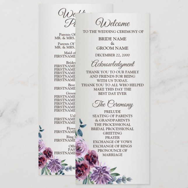 Programme Pink Red Floral Geometric Watercolor Wedding (Devant / Derrière)