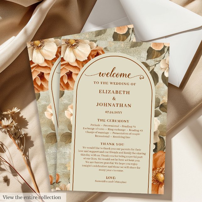 Programme Plan de mariage floral chic Boho rouille ivoire sa (Stylish Boho Rusty Ivory Sage Floral Wedding Program)