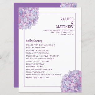 Programme Plat Mariage de Purple Hydrangea